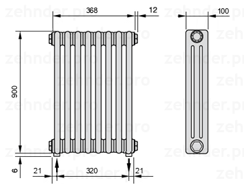 Схема (чертеж) Радиатор Zehnder Charleston 3090/8 №3570 Белый глянцевый RAL 9016